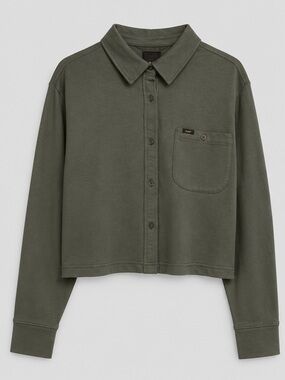 Lee Women’s Layers Knit All-Purpose Overshirt Olive Gray Button Front Semi-Crop